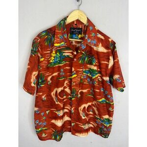 Vintage Avant Garde Mens‎ Tropical Hawaiian Shirt Orange Palm Tree Surfer Large